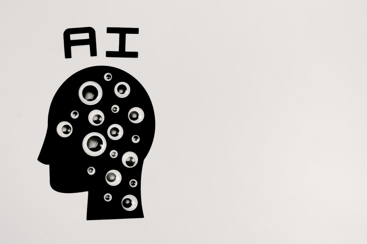 Home Abstract illustration of AI with silhouette head full of eyes, symbolizing observation and technology.