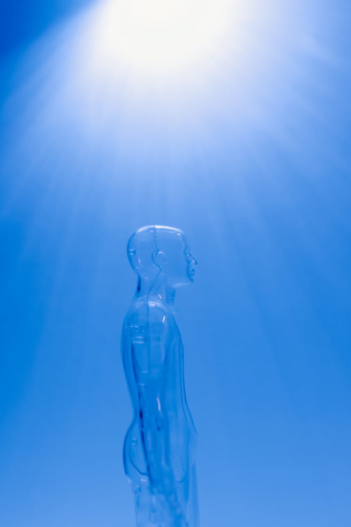 Home A transparent human figure under a bright blue light creating a futuristic ambiance.