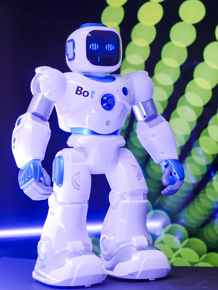 About High-tech humanoid robot with glowing LED display and futuristic design.